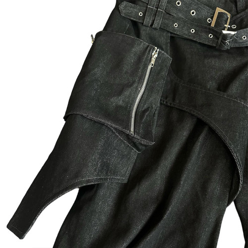 Custom Layered Black Denim Pants - Avant-Garde Streetwear Solutions