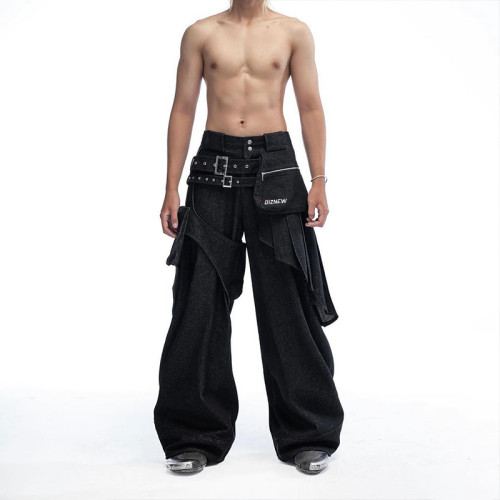 Custom Layered Black Denim Pants - Avant-Garde Streetwear Solutions