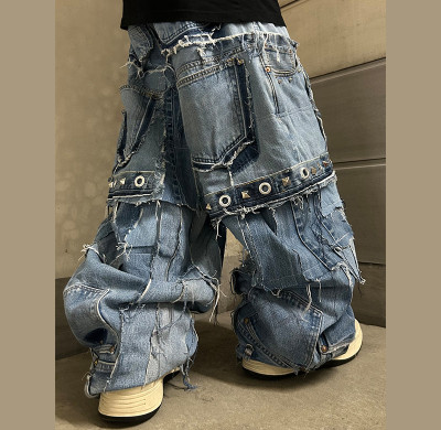 Custom Baggy Distressed Rivet Jeans - Bold Streetwear Solutions