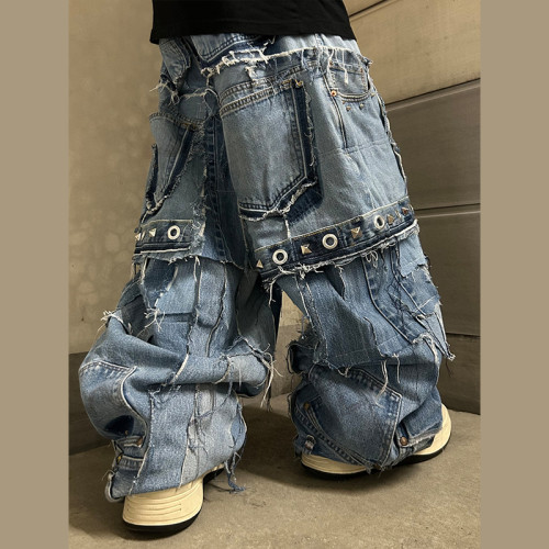 Custom Baggy Distressed Rivet Jeans - Bold Streetwear Solutions