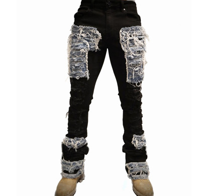 Custom Skinny Distressed Denim Pants with Bold Patchwork Detailing for Modern Streetwear Aesthetics