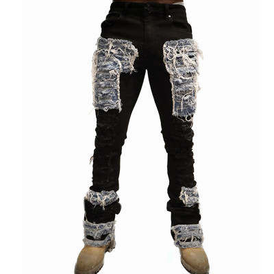 Custom Skinny Distressed Denim Pants with Bold Patchwork Detailing for Modern Streetwear Aesthetics