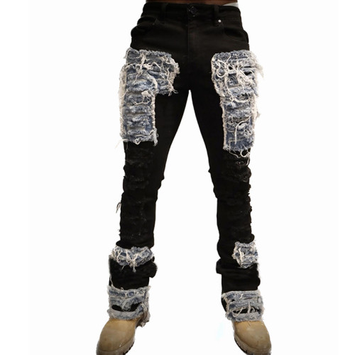 Custom Skinny Distressed Denim Pants with Bold Patchwork Detailing for Modern Streetwear Aesthetics