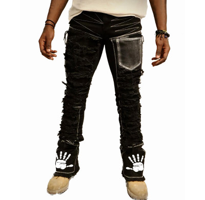 Custom Skinny Distressed Denim Pants with Bold Patchwork Detailing for Modern Streetwear Aesthetics