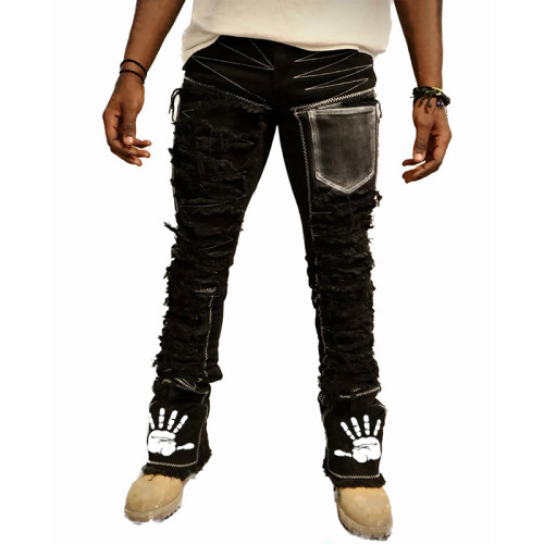 Custom Skinny Distressed Denim Pants with Bold Patchwork Detailing for Modern Streetwear Aesthetics