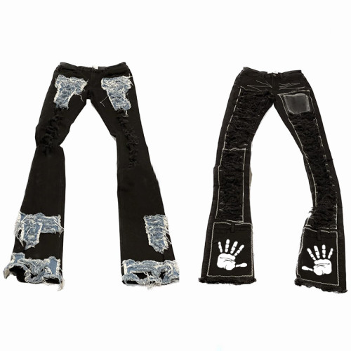 Custom Skinny Distressed Denim Pants with Bold Patchwork Detailing for Modern Streetwear Aesthetics