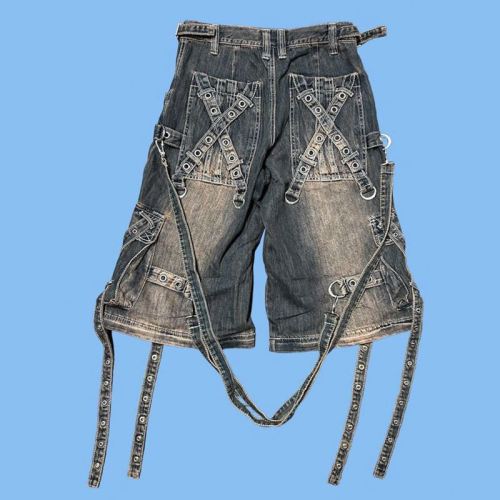 Custom Wholesale Vintage Utility Cargo Denim Pants with Multi-Pocket and Strap Design