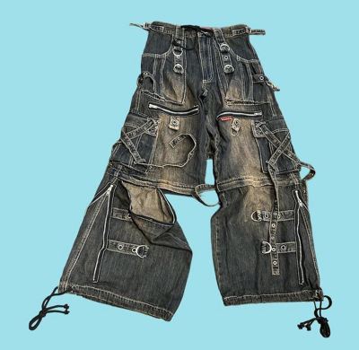 Custom Wholesale Vintage Utility Cargo Denim Pants with Multi-Pocket and Strap Design