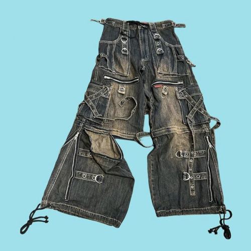 Custom Wholesale Vintage Utility Cargo Denim Pants with Multi-Pocket and Strap Design