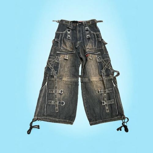 Custom Wholesale Vintage Utility Cargo Denim Pants with Multi-Pocket and Strap Design