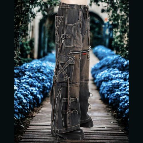 Custom Wholesale Vintage Utility Cargo Denim Pants with Multi-Pocket and Strap Design