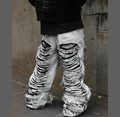 Custom Extreme Distressed White Wide-Leg Jeans for Bold Punk Streetwear Style