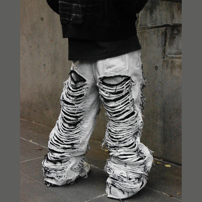 Custom Extreme Distressed White Wide-Leg Jeans for Bold Punk Streetwear Style