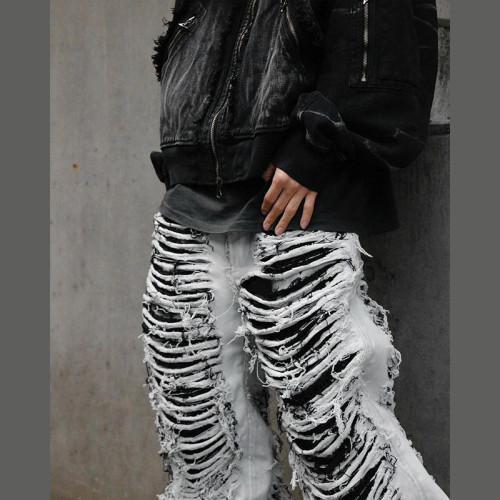 Custom Extreme Distressed White Wide-Leg Jeans for Bold Punk Streetwear Style