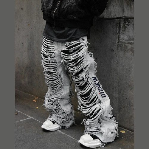 Custom Extreme Distressed White Wide-Leg Jeans for Bold Punk Streetwear Style