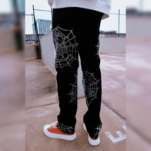 Rhinestone Spider Web Jeans - Tailored Bulk Orders for Gothic Streetwear Collections