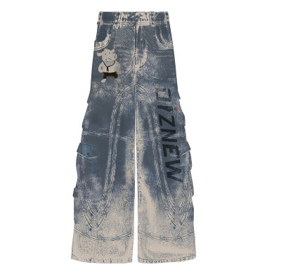 Custom Vintage Wash Denim Cargo Pants with Graphic Details - Tailored Bulk Options