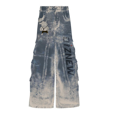 Custom Vintage Wash Denim Cargo Pants with Graphic Details - Tailored Bulk Options