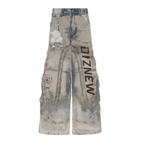 Custom Vintage Wash Denim Cargo Pants with Graphic Details - Tailored Bulk Options