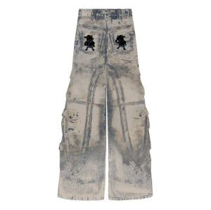 Custom Vintage Wash Denim Cargo Pants with Graphic Details - Tailored Bulk Options