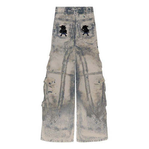 Custom Vintage Wash Denim Cargo Pants with Graphic Details - Tailored Bulk Options