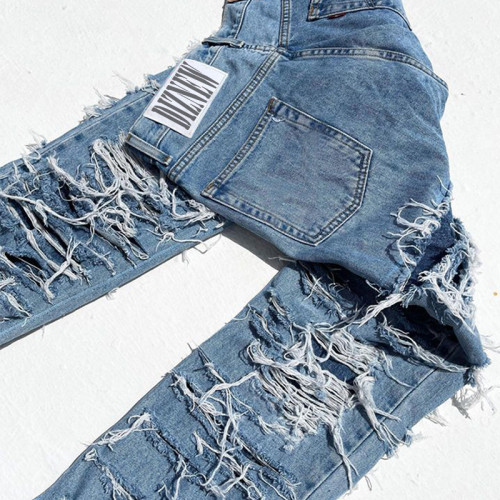 Custom Distressed Double-Layer Ripped Jeans | Unique Streetwear Denim