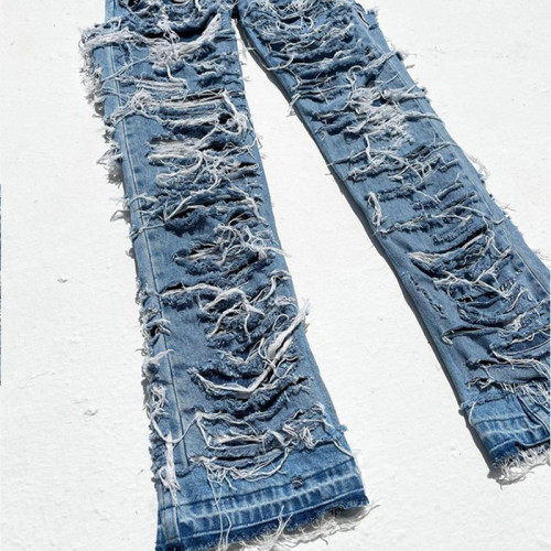 Custom Distressed Double-Layer Ripped Jeans | Unique Streetwear Denim