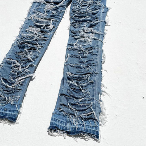 Custom Distressed Double-Layer Ripped Jeans | Unique Streetwear Denim