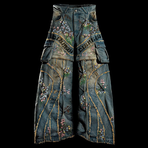 Custom Detachable Floral Cargo Jeans | Wide Leg Embroidered Denim