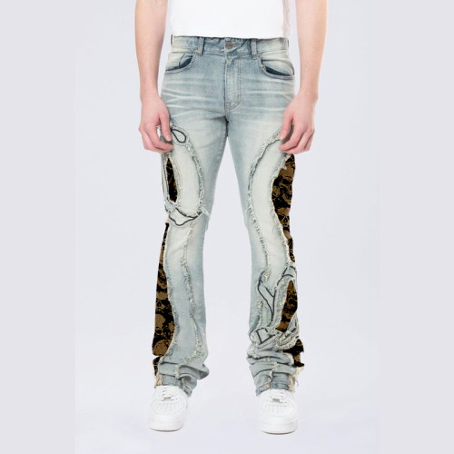 Custom Camo-Spliced Denim Jeans | Designer Patchwork Pants