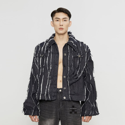 OEM & ODM Custom Vertical Distressed Stripe Denim Jacket for Wholesale | Artisanal Design for Men’s Fashion