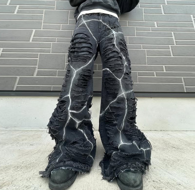 Custom Distressed Lightning Bolt Jeans | Edgy Ripped Design