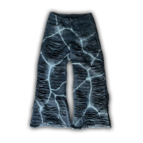 Custom Distressed Lightning Bolt Jeans | Edgy Ripped Design