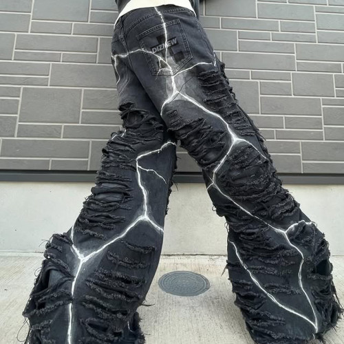 Custom Distressed Lightning Bolt Jeans | Edgy Ripped Design