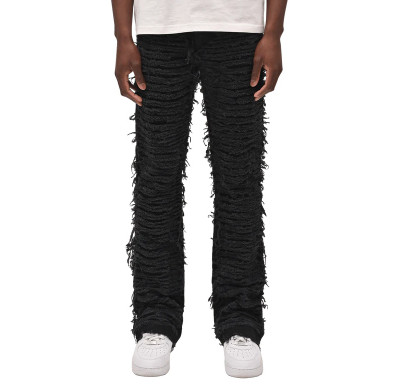 Bespoke Custom Distressed Black Jeans with Unique Ruffled Design | OEM, ODM, and Wholesale Services for Men's Denim Brands