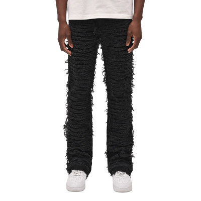 Bespoke Custom Distressed Black Jeans with Unique Ruffled Design | OEM, ODM, and Wholesale Services for Men's Denim Brands