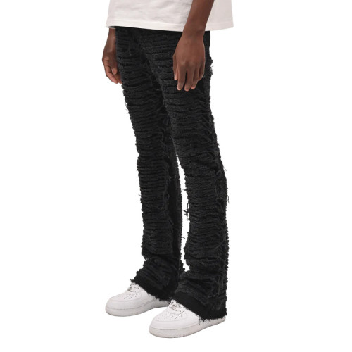 Bespoke Custom Distressed Black Jeans with Unique Ruffled Design | OEM, ODM, and Wholesale Services for Men's Denim Brands