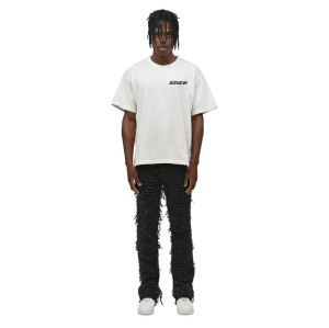 Bespoke Custom Distressed Black Jeans with Unique Ruffled Design | OEM, ODM, and Wholesale Services for Men's Denim Brands