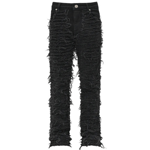 Bespoke Custom Distressed Black Jeans with Unique Ruffled Design | OEM, ODM, and Wholesale Services for Men's Denim Brands