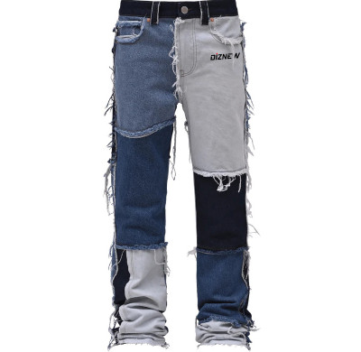 Tailored Men's Denim Jeans - Custom Patchwork & Unique Color Block Design