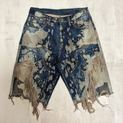 Custom Geometric Stitch Denim Shorts | Bleached Artisan Design