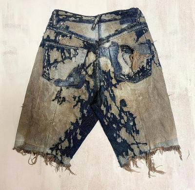 Custom Geometric Stitch Denim Shorts | Bleached Artisan Design