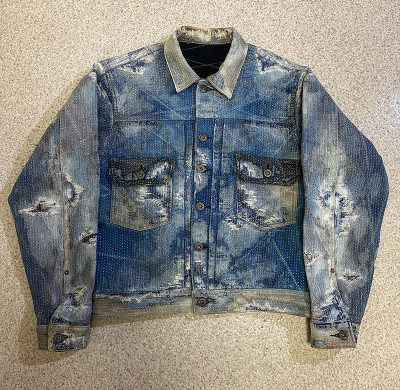 Custom Sashiko & Embroidered Denim Jacket | Distressed Patch Design