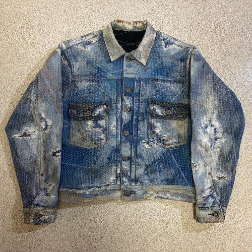 Custom Sashiko & Embroidered Denim Jacket | Distressed Patch Design