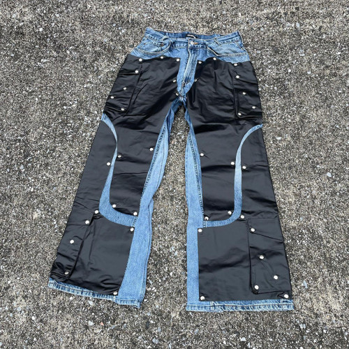 Wholesale Custom Technical Overlay Denim Jeans with Snap Button Design