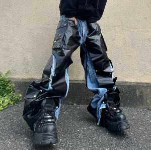 Wholesale Custom Technical Overlay Denim Jeans with Snap Button Design