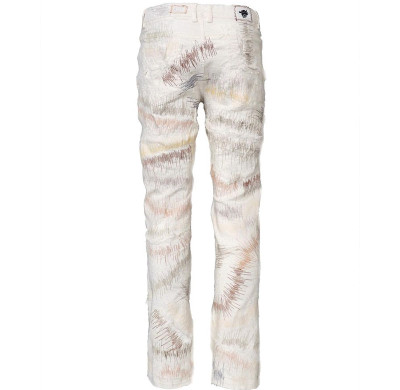 Custom Embroidered White Denim Jeans | Artistic Line Pattern