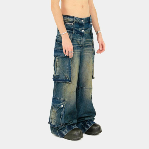 Custom Layered Waistband Cargo Jeans | Wide-Leg Design