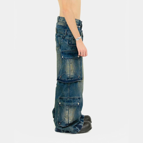 Custom Layered Waistband Cargo Jeans | Wide-Leg Design