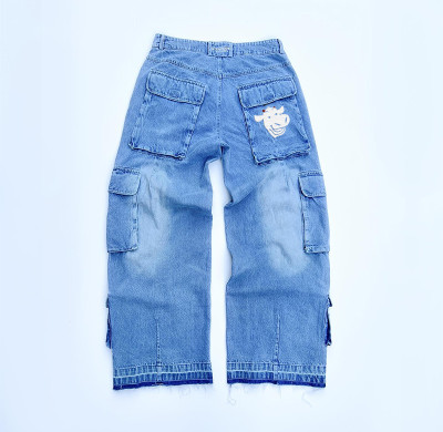 Custom Vintage Streetwear Cargo Denim | Wide Leg Multi-Pocket Design | Logo Collection